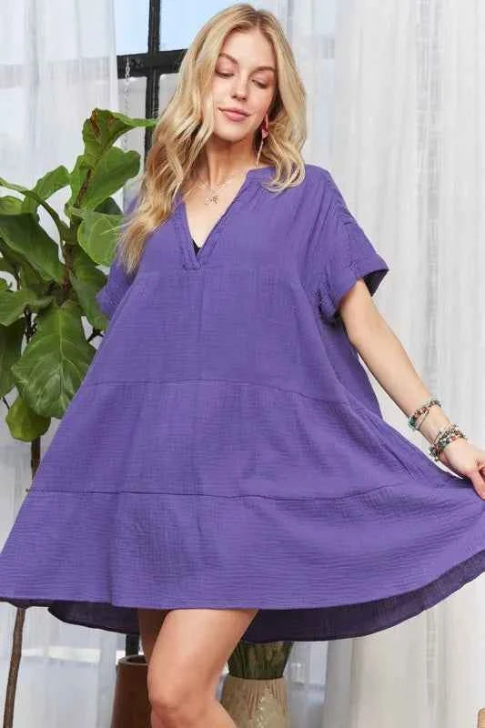 ADORA Tiered Notched Short Sleeve Dress Purple 4e1301d6-32d1-40d0-947f-c812b6ccf4e2-Max