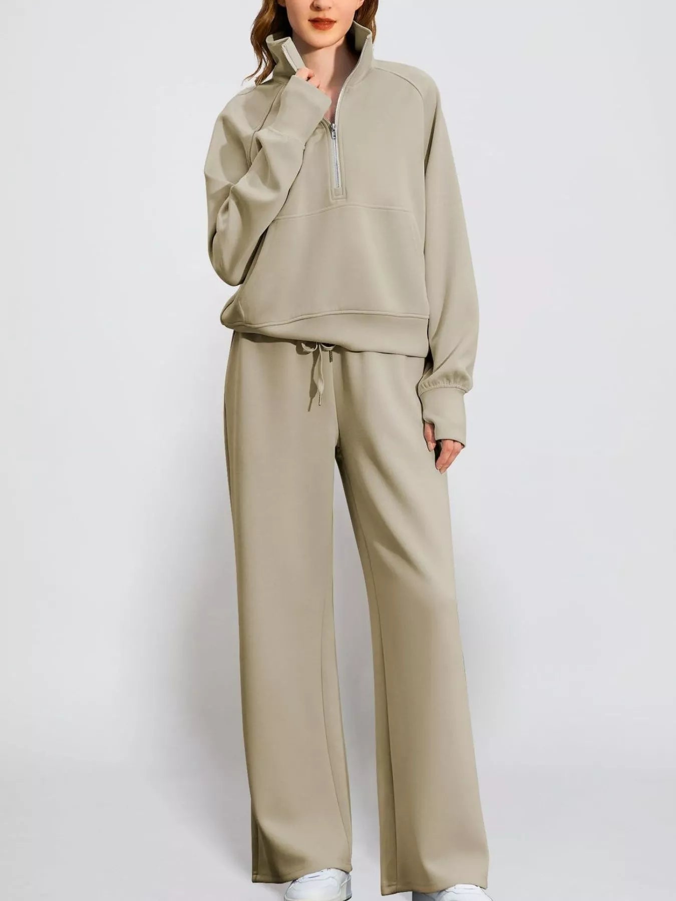 Full Size Half-Zip Sweatshirt and Wide-Leg Pants Set Plus Size 浅卡其色 4e21470e-5034-4163-a8c6-4c395c484350-Max-Origin