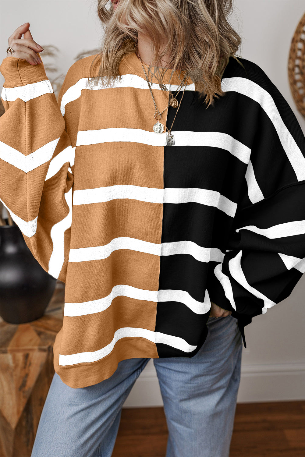 Blue Stripe Exposed Seam Patchwork Loose Sweatshirts 4e3ad53391ddb6c8