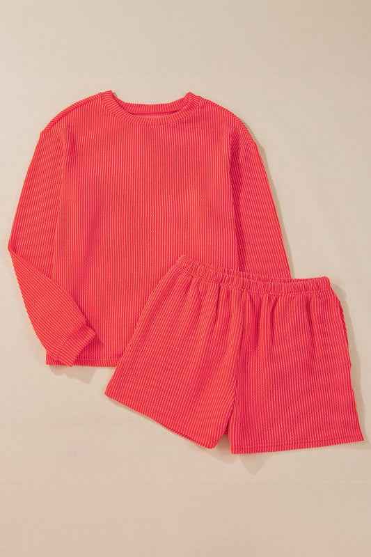 Corded Knit Long Sleeve Top and Shorts Set