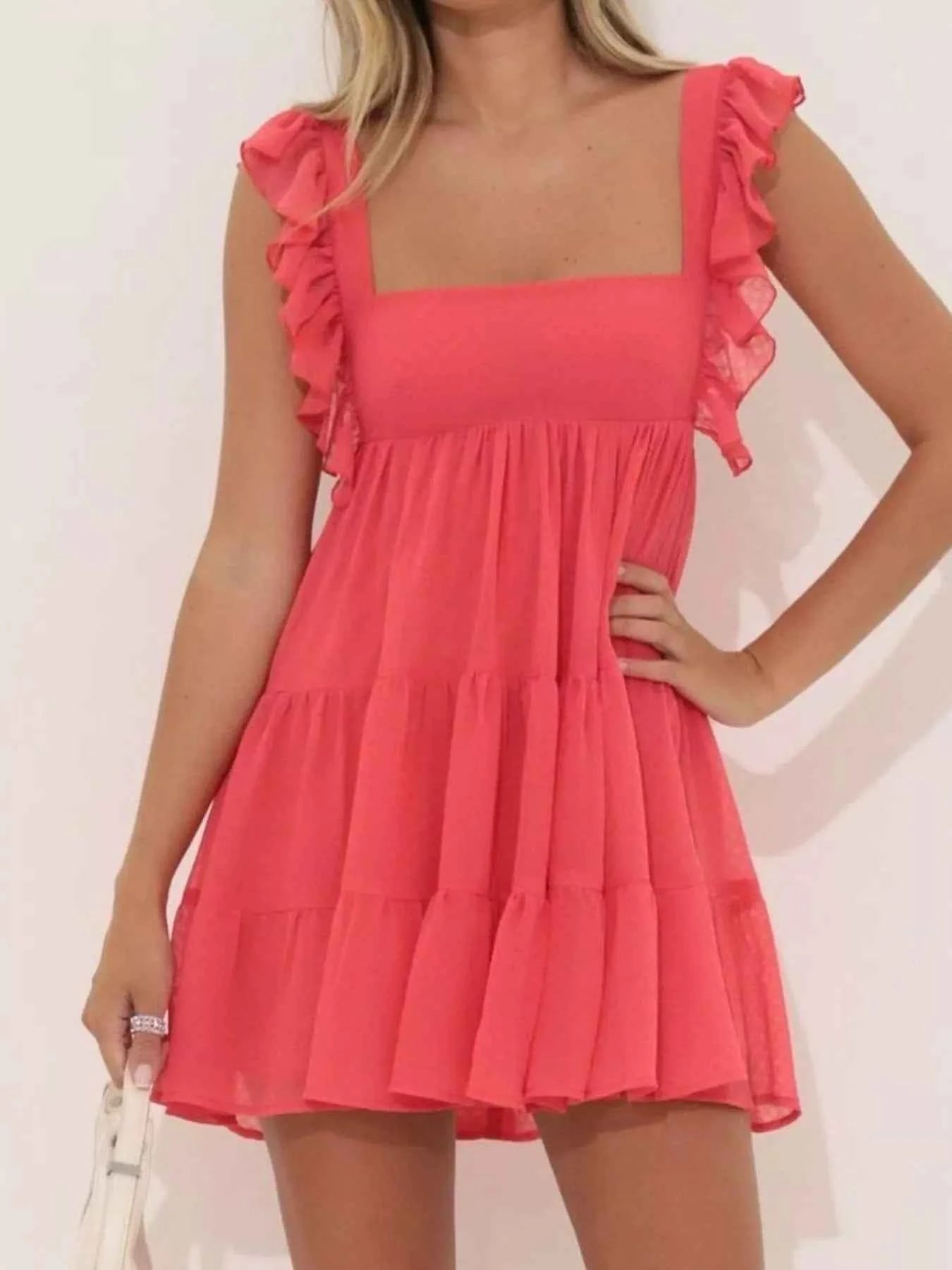Ruffled Square Neck Tiered Dress Watermelon Red 4e4ad110-efdb-4e43-bb82-0fb1652381a0-Max-Origin