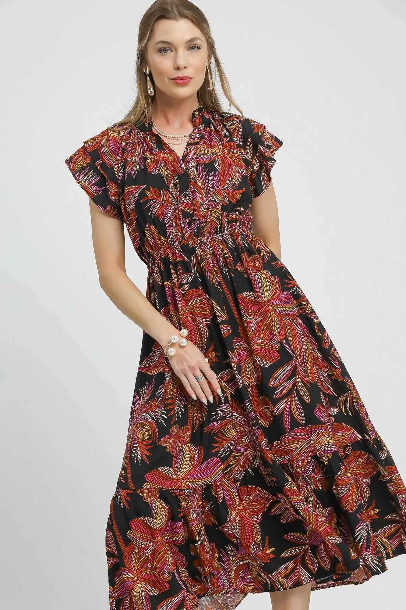 Umgee Mix Ruffle Sleeve Tropical Midi Dress BLACK MIX 4e5ab5f5-8ce1-493a-bea3-2895281f9eea-Max-Origin