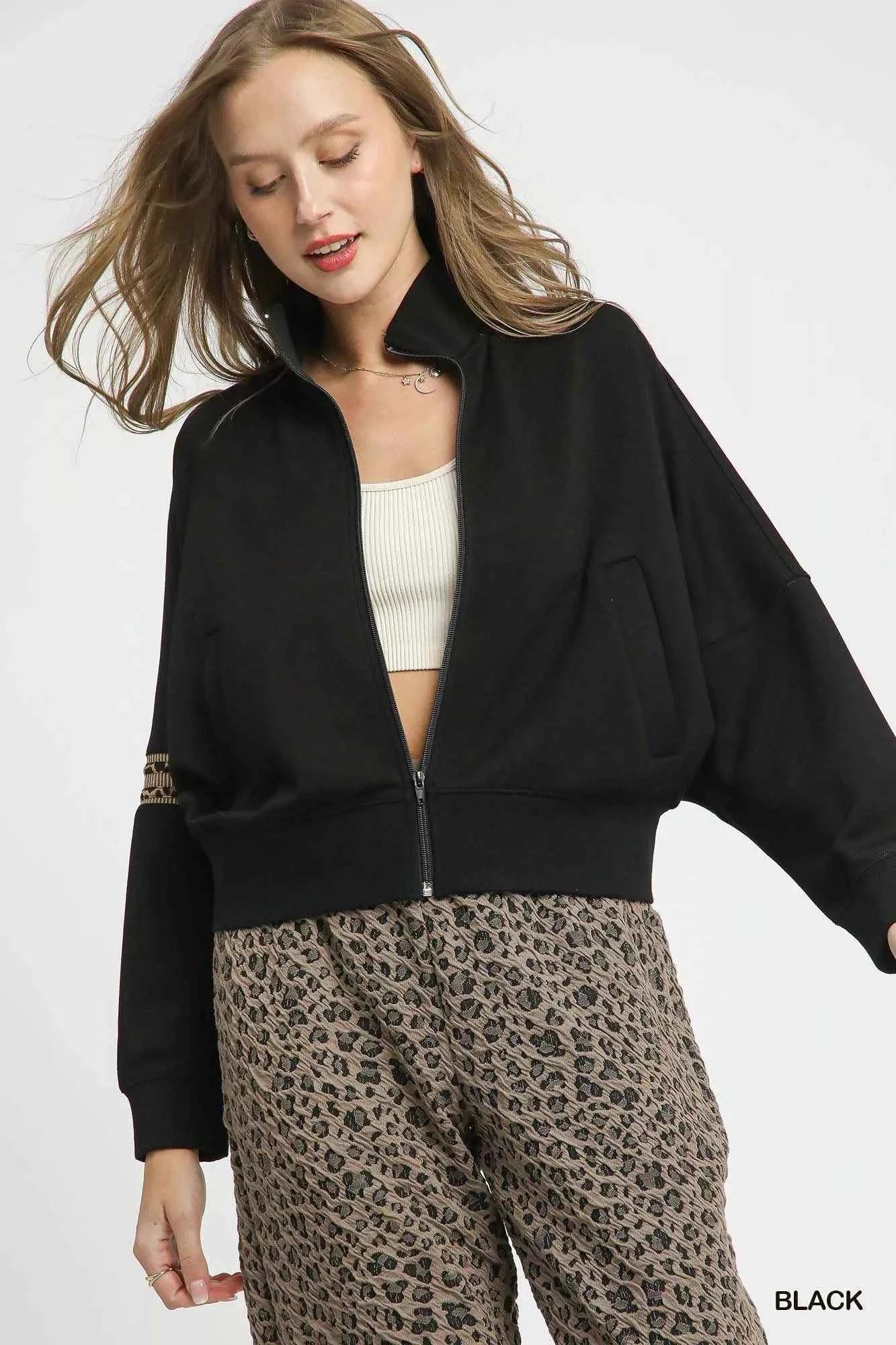 Umgee Zipper Up Cropped Jacket with Leopard Trim Black 4e6fe3e2-df32-4a78-807b-7872a4373ca6-Max-Origin
