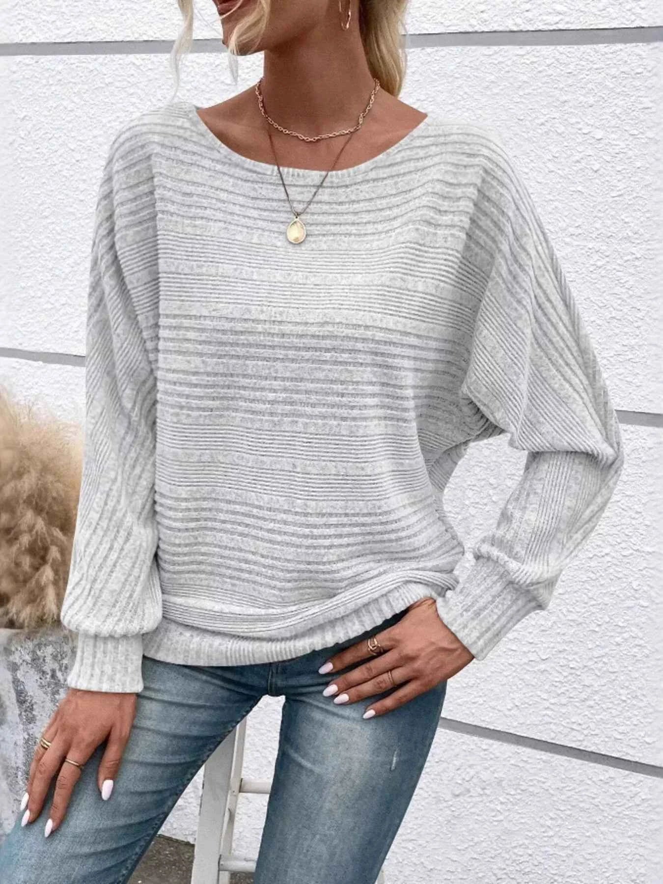 Ribbed Round Neck Long Sleeve Top Light Gray 4e8023e2e0064dd4b9cb8d678c9d4ec9-Max-Origin