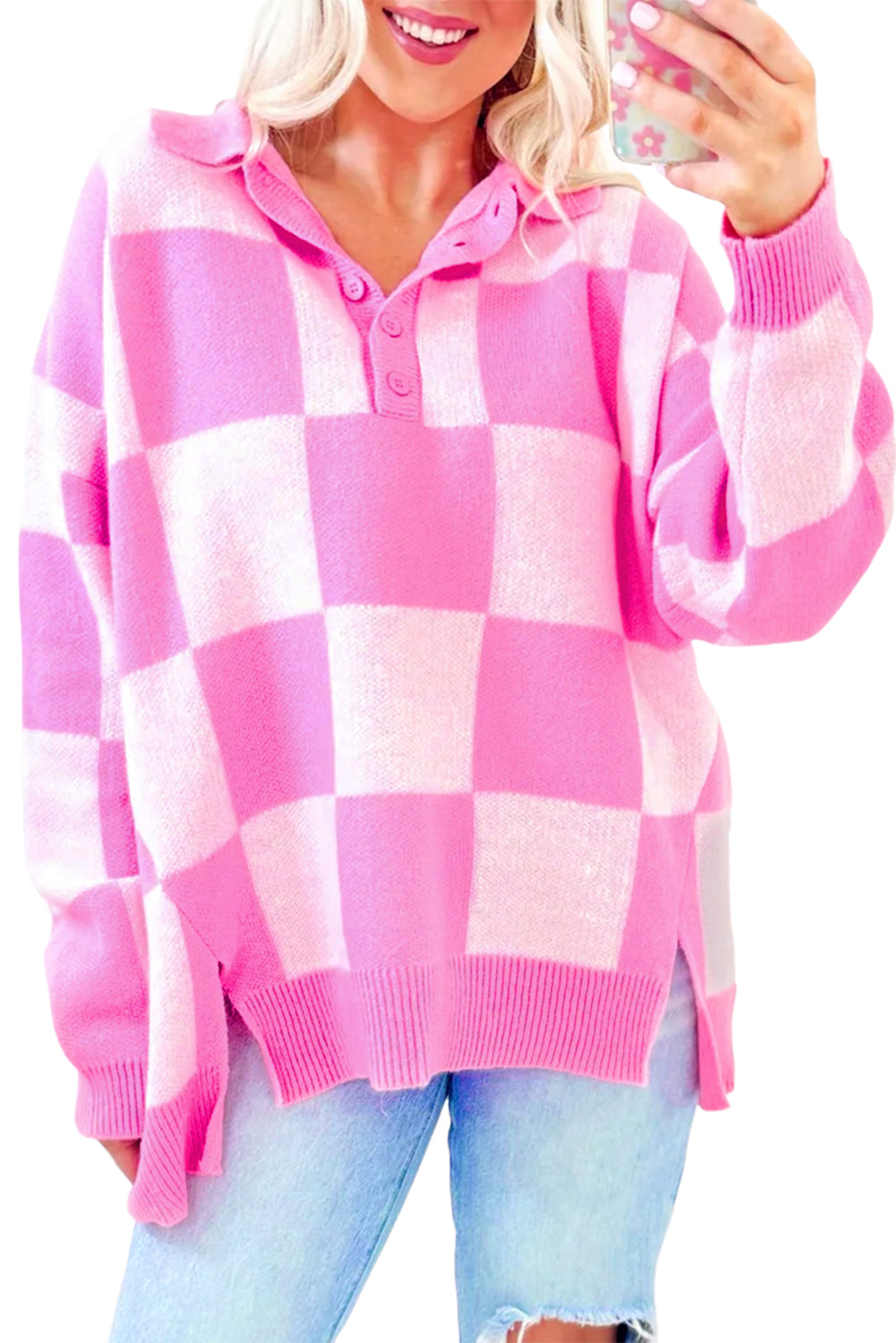 Pink Checkered Button Collared Sweater Pink 50%Viscose+28%Polyester+22%Polyamide 4ea298103792b6ca