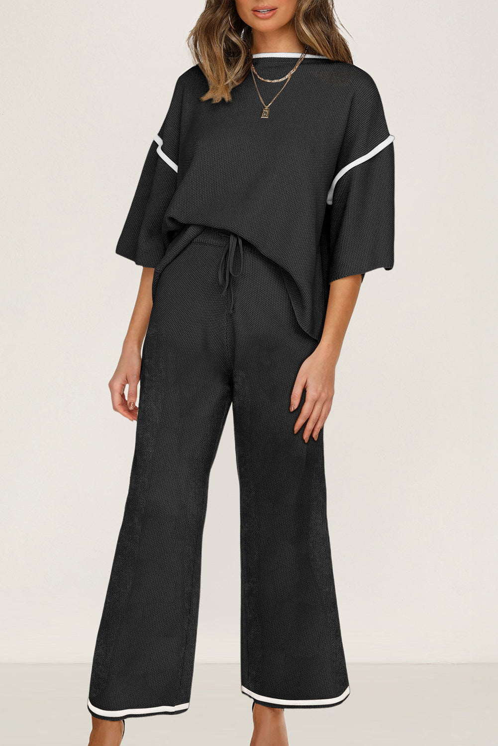 Black Loose Contrast Trim Half Sleeve Top and Drawstring Pants Set 4eaa160711515eea