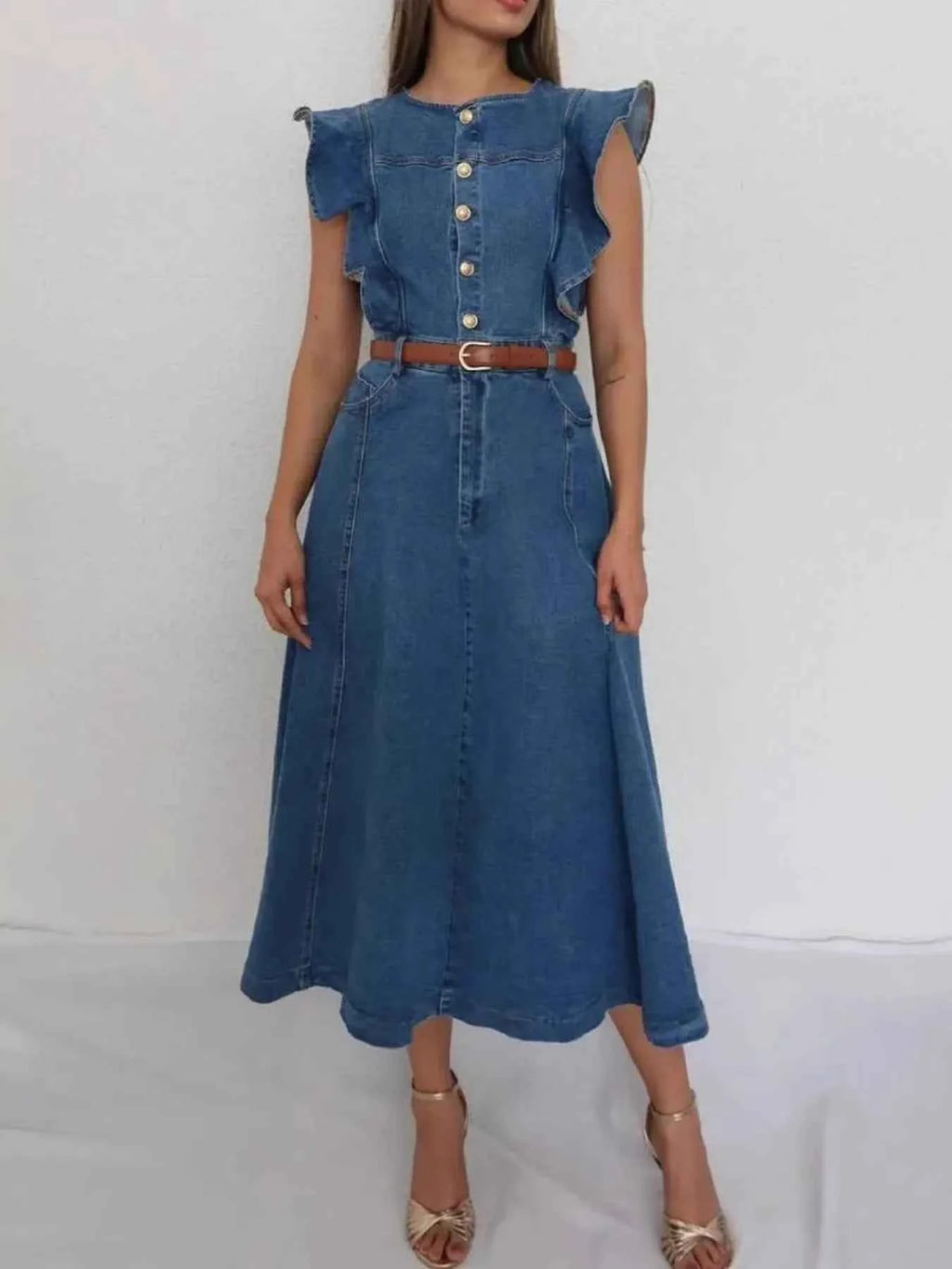 Button-Front Ruffle Sleeve Denim Midi Dress Blue 4eac8750b7d14fc49e2d408961fb0ca8-Max-Origin