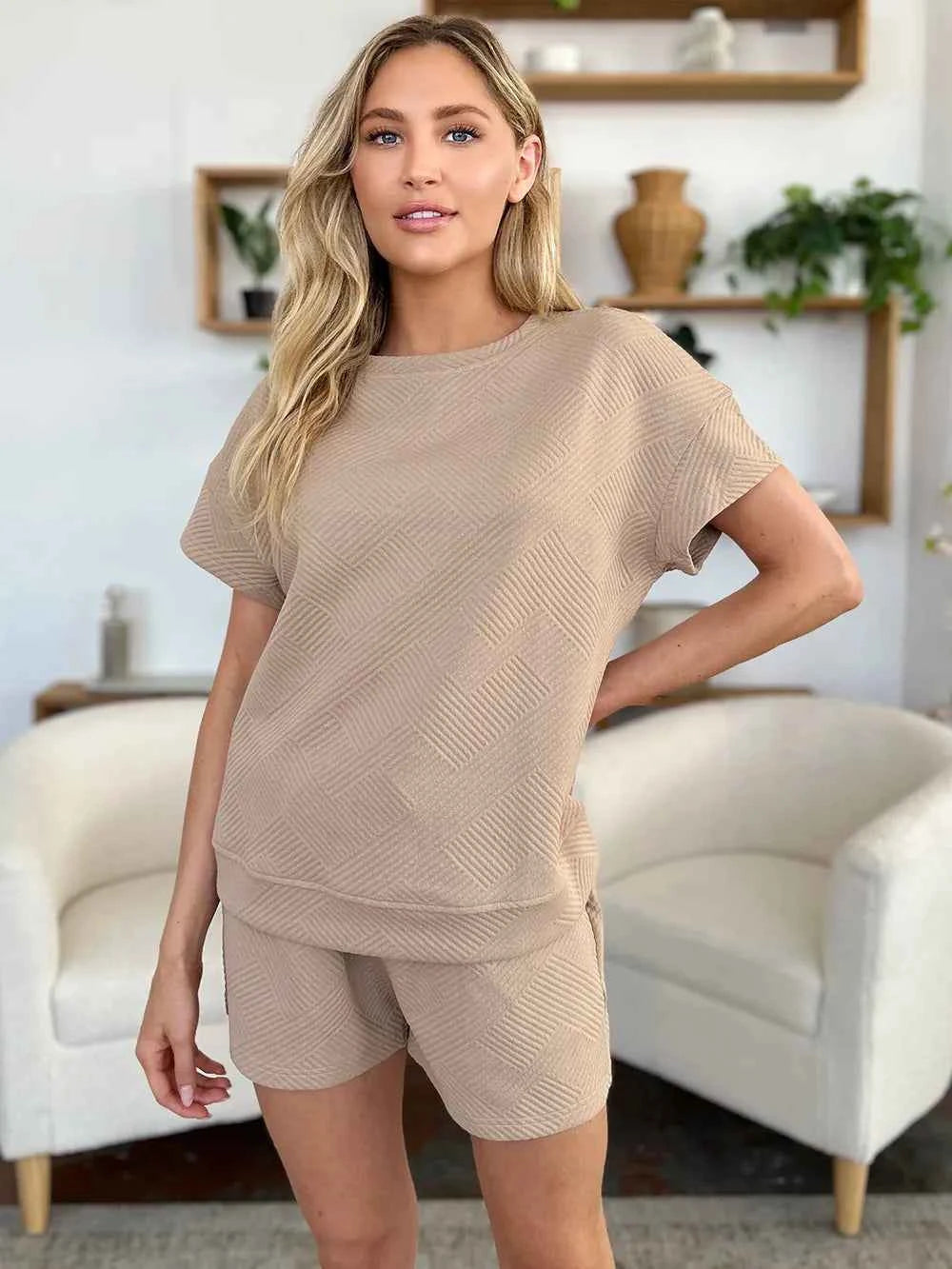 Double Take Full Size Texture Short Sleeve T-Shirt and Drawstring Shorts Set 4eb591c8-3035-4985-8418-46f757b328e0-Max