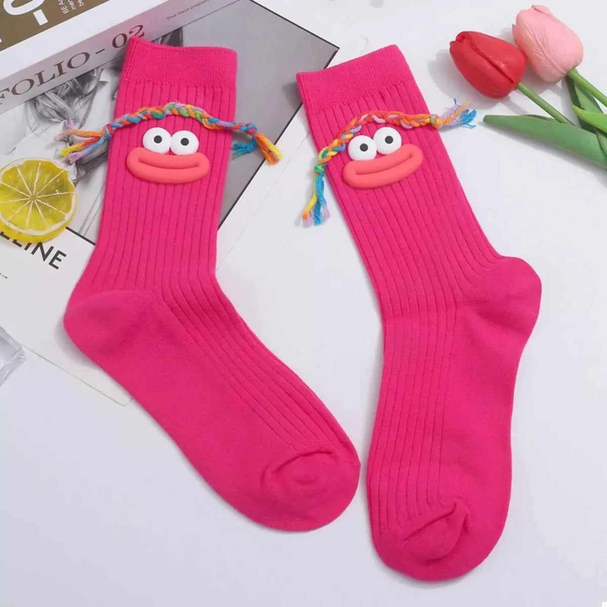 Cartoon Ribbed Knit Crew Socks Hot Pink One Size 4ee21937-9046-4630-ba1b-a35de7615a31-Max-Origin