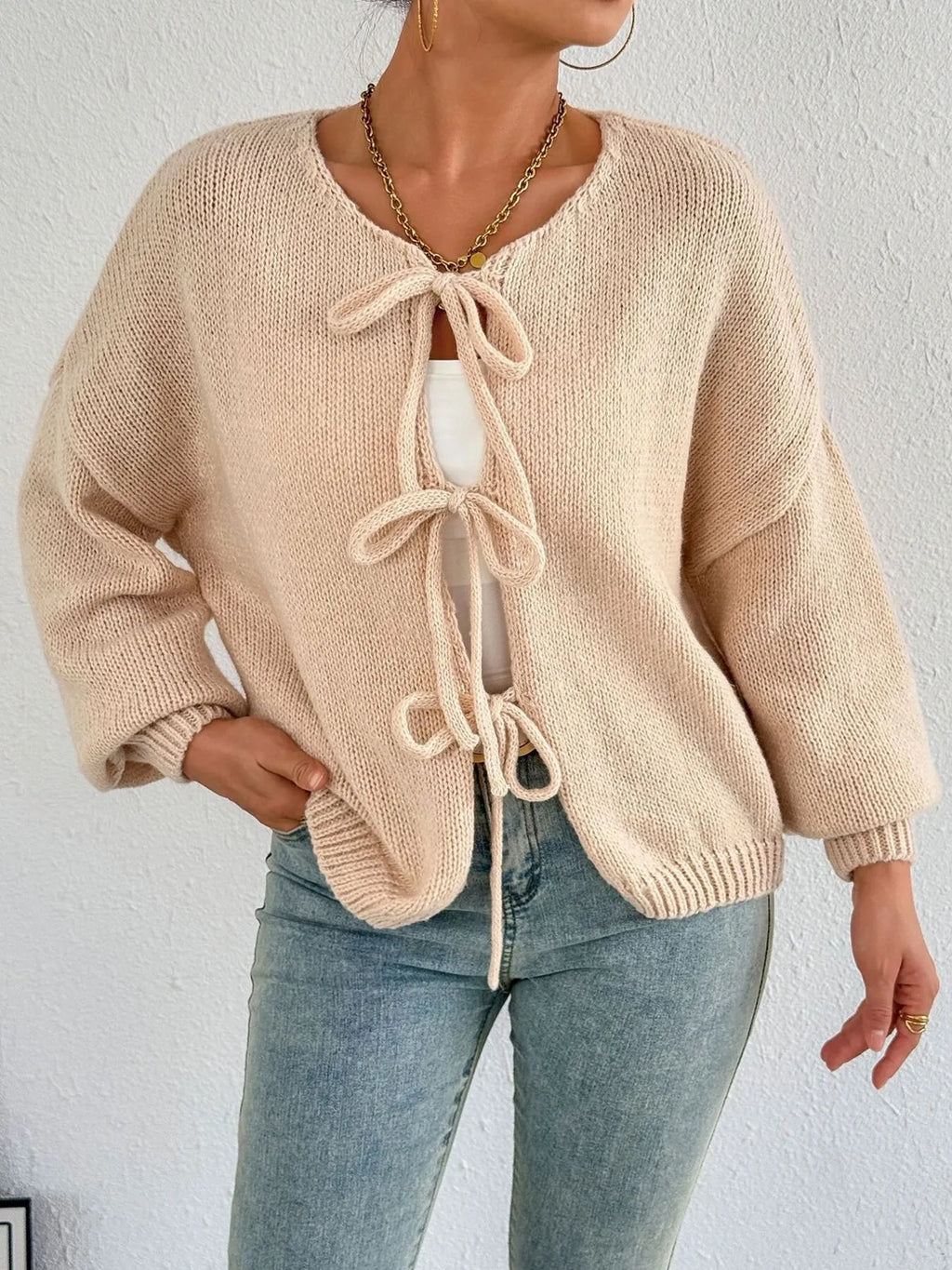 Cozy Bow-Tie Front Knit Cardigan Apricot 4ee8c4d95d2f402aad414c6a0a9e0b3c-Max-Origin