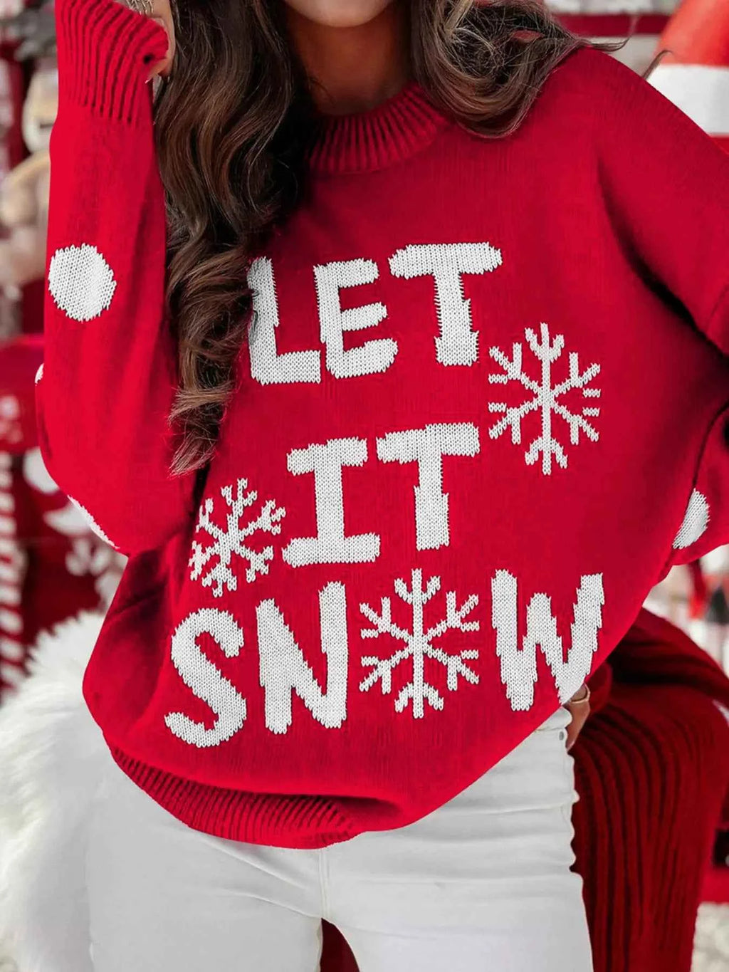 LET IT SNOW Christmas Loose Sweater Red Dahlia 4ef5feb8f75a4d63a20a4ef834865e65-Max-Origin