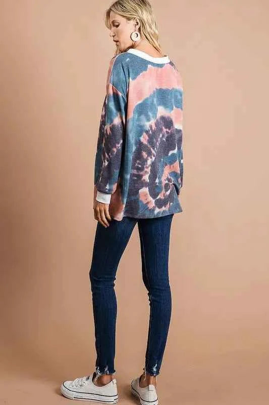 BiBi Tie Dye Deep V-Neck Top with Lace Up Front 4efebe15-81cf-4daa-90cc-d210423aabdf-Max-Origin