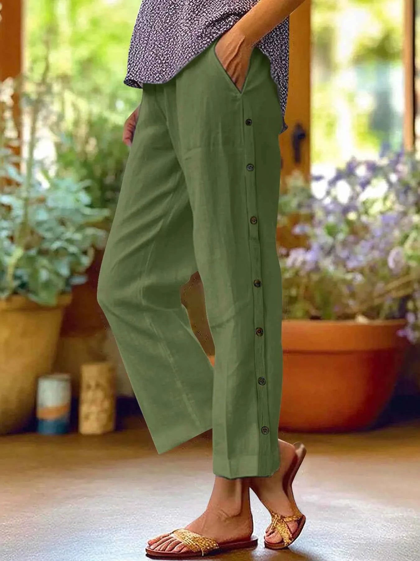 Full Size Side Decor Button Casual Wide Leg Pants Plus Size Green 4f0e7aad84ae4fe9b3562783eacb63b1-Max-Origin