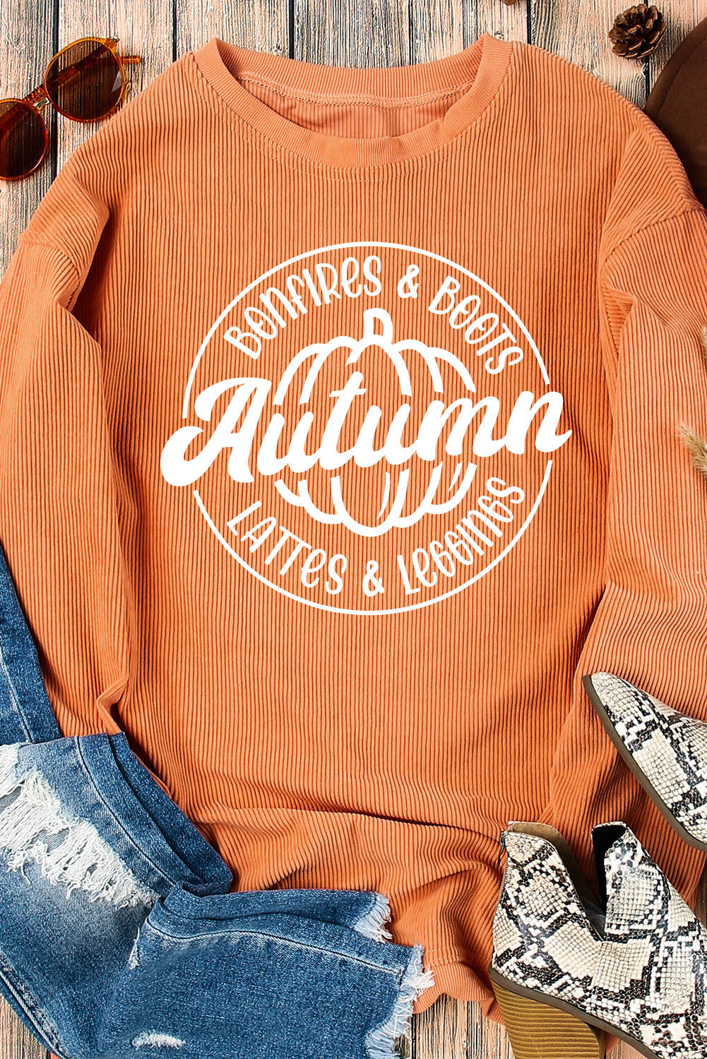 Orange Pumpkin Graphic Print Corded Oversized Sweatshirt Orange-3 100%Polyester 4f1b60e3493e4a04