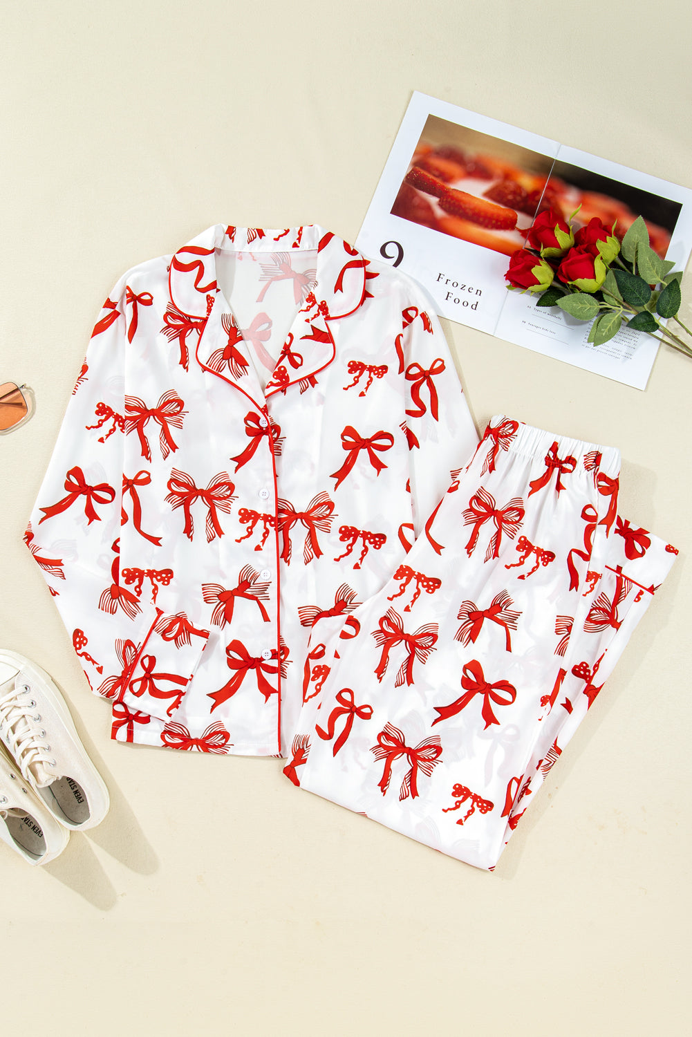 Red Christmas Bow Print Long Sleeve 2pcs Pajama Set 4f3d32c0fc7489fa