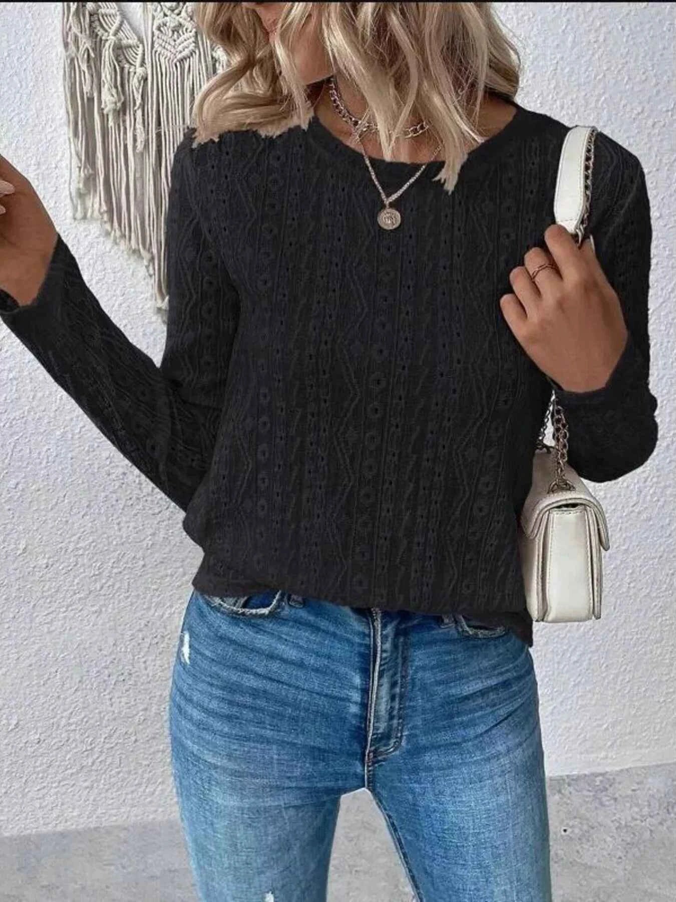 Full Size Eyelet Round Neck Long Sleeve Blouse Plus Size Black 4f55dd548bae45d396ddead53e973859-Max-Origin