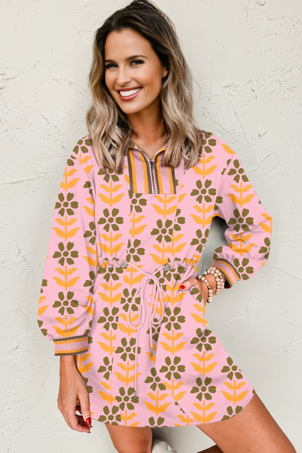 Pink Floral Print Zip Neck Striped Patchwork Long Sleeve Drawstring Dress 4f70d4415364b164