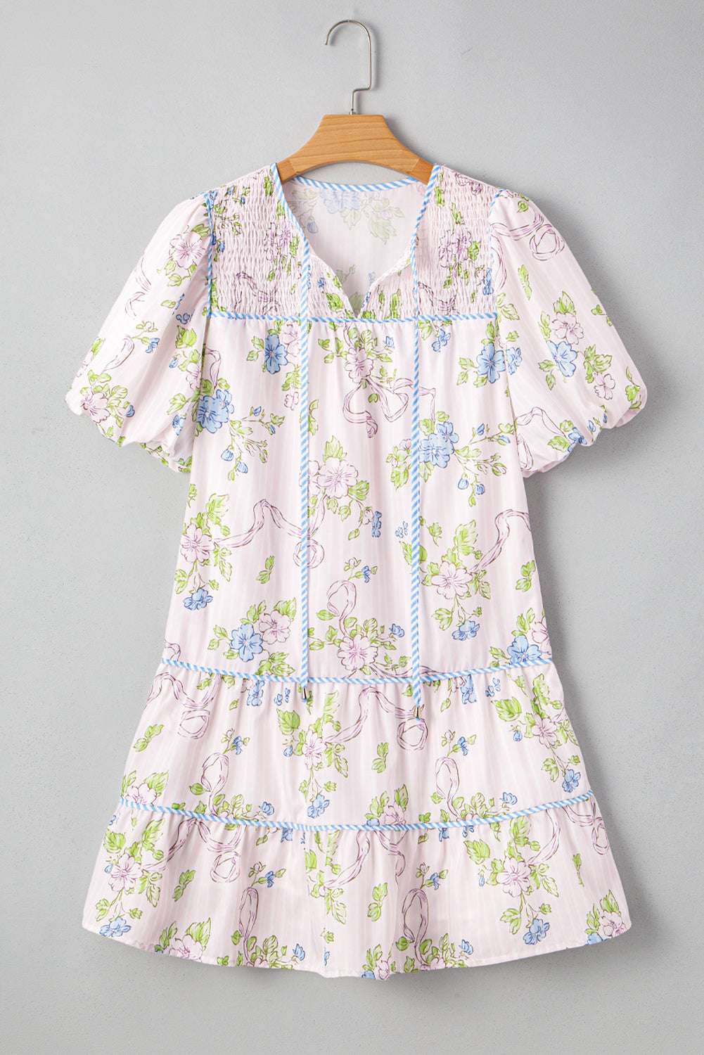 Pink Floral Striped Print Contrast Trim Tie Split Neck Mini Dress 4f7909e8d616df93-_5