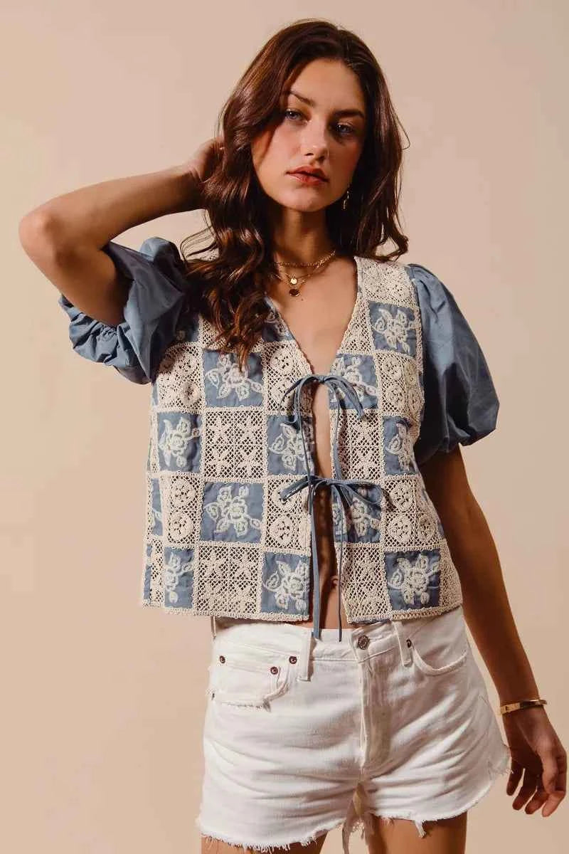 SO ME Crochet Lace Tie Front V Neck Blouse Top 4f83b406cab34fada0d82f6f090b3c1c-Max-Origin