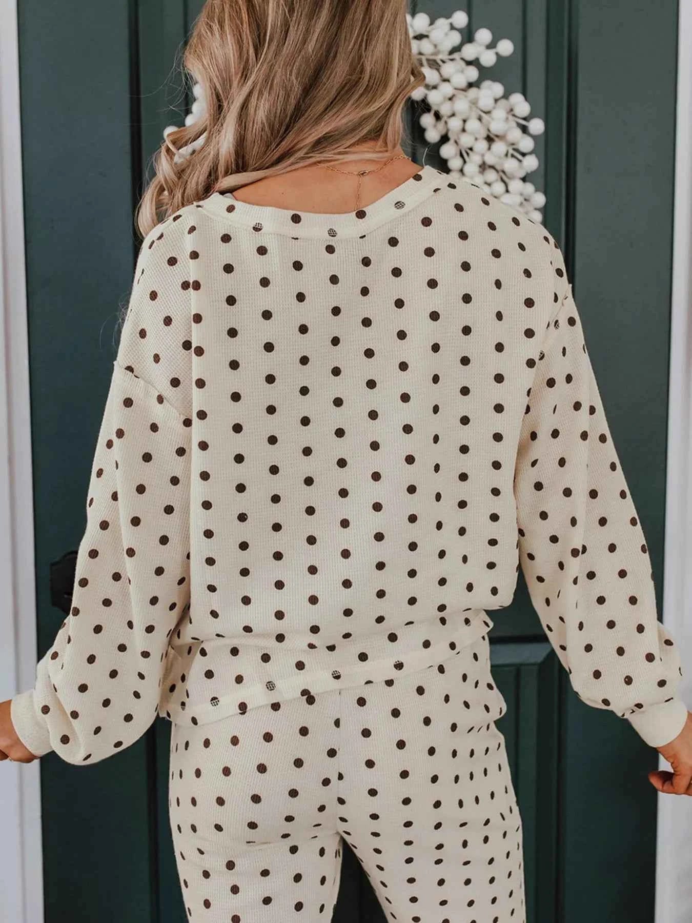 Polka Dot Notched Long Sleeve Top and Drawstring Joggers Lounge Set 4f98bbce-a128-4f8f-9b12-93688086e1f0-Max-Origin