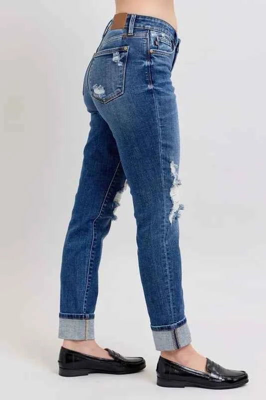 Judy Blue Full Size Mid Rise Boyfriend destroy Jeans with Yoke Pockets and Faux Selvedge Cuff Plus Size 4fb0c17b7e9644269b82c34e17e73d12-Max-Origin