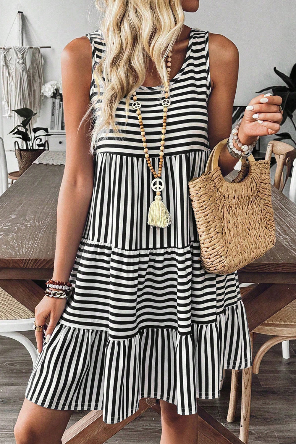 Black Stripe U Neck Sleeveless Loose Fit Mini Dress Black Stripe 4fc0eaef4a3d3034