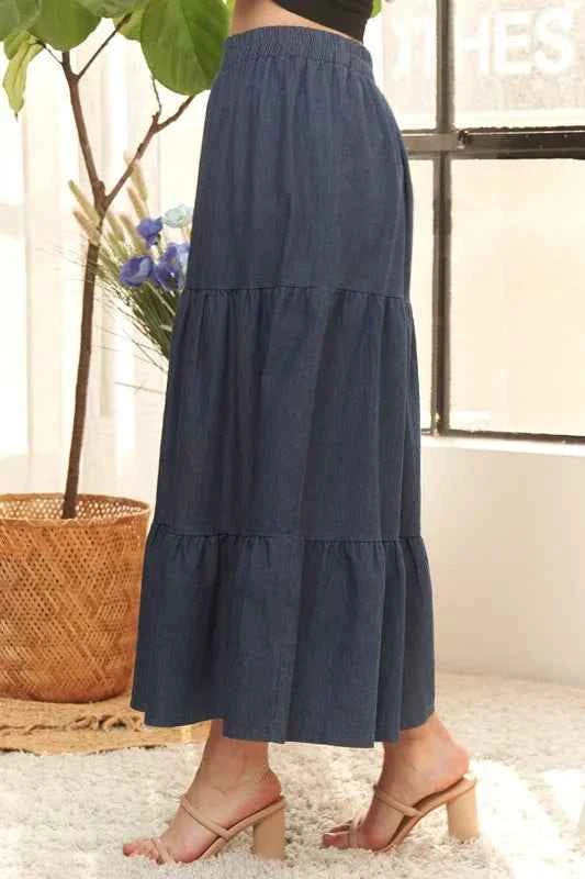 ADORA Waist Band Tiered Denim Maxi Skirt 4fc1d7bff29247bd8e18128d7d4f3271-Max-Origin