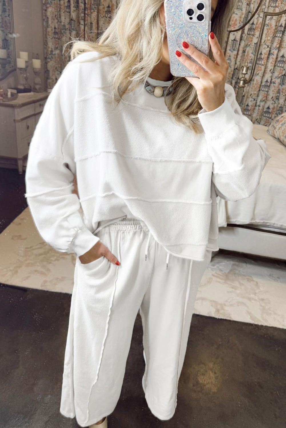 White Textured Raw Seam Plus Size Pullover Top and Drawstring Pants Set 4fdc073d6d32b7f7