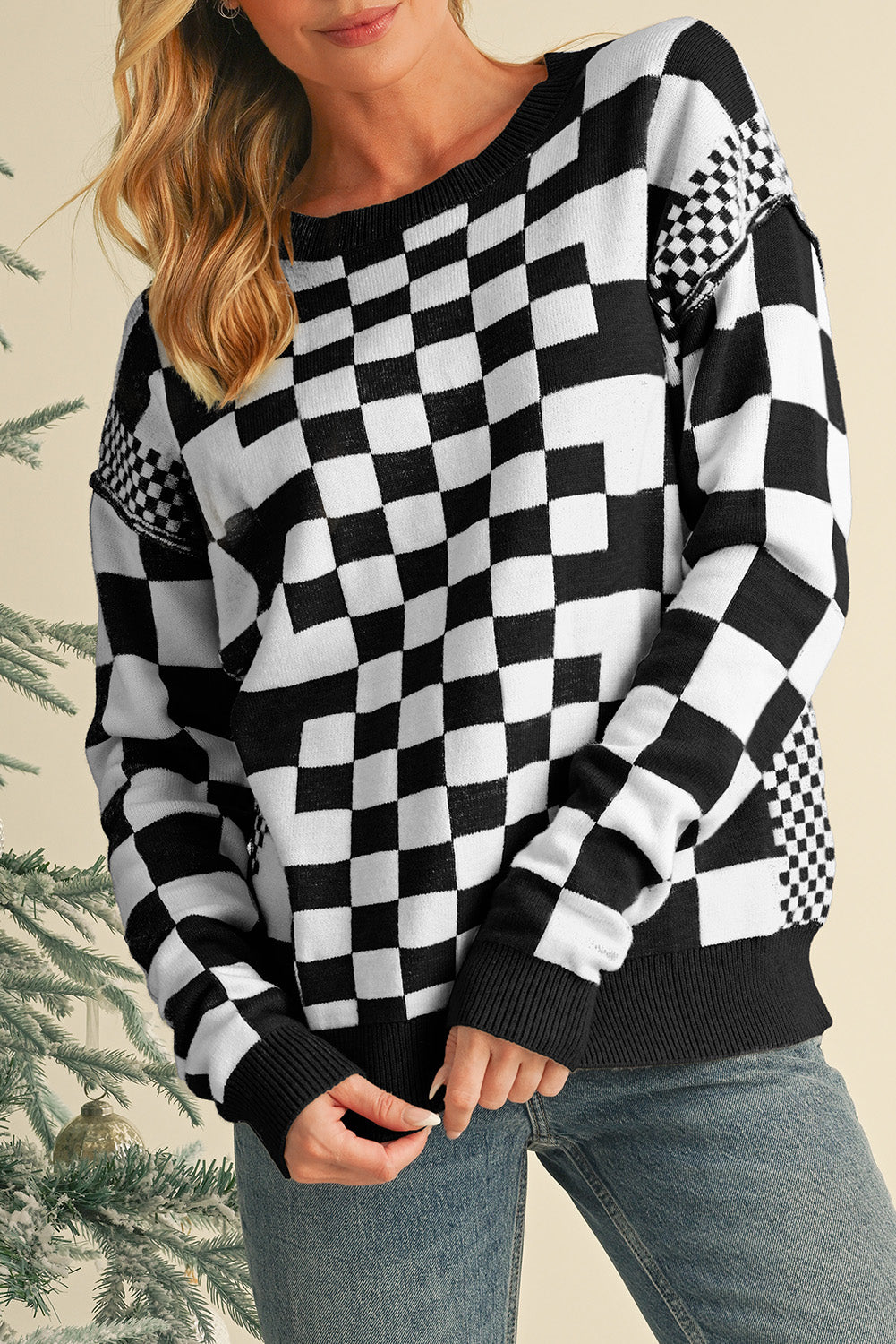 Black Checkered Drop Shoulder Round Neck Sweater 4fe06cc9c91f07a6