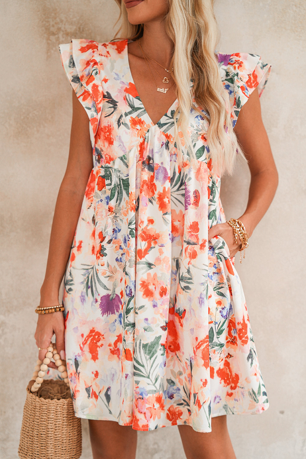 Pink Floral Ruffle Sleeve V Neck High Waist Mini Dress Pink 4fe6c2ef90732f89