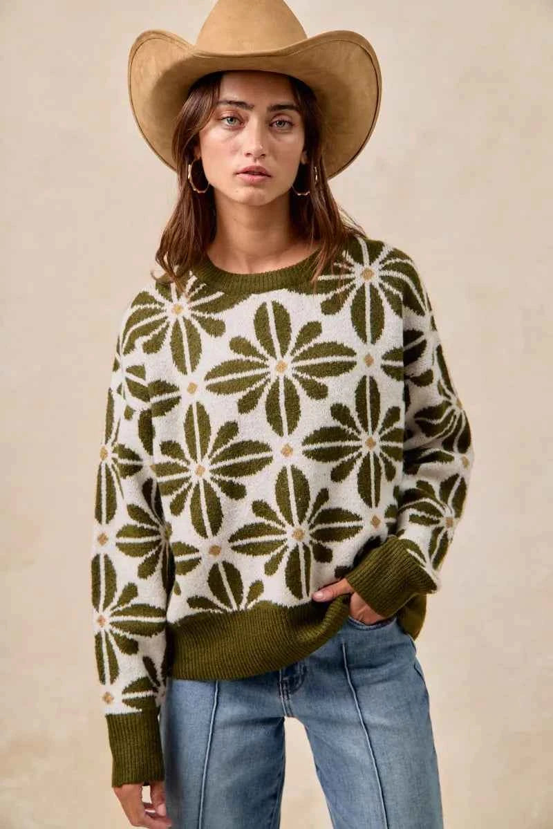 BiBi Flower Pattern Long Sleeve Sweater 5009b8b239b8408eaa67f088889c1957-Max-Origin