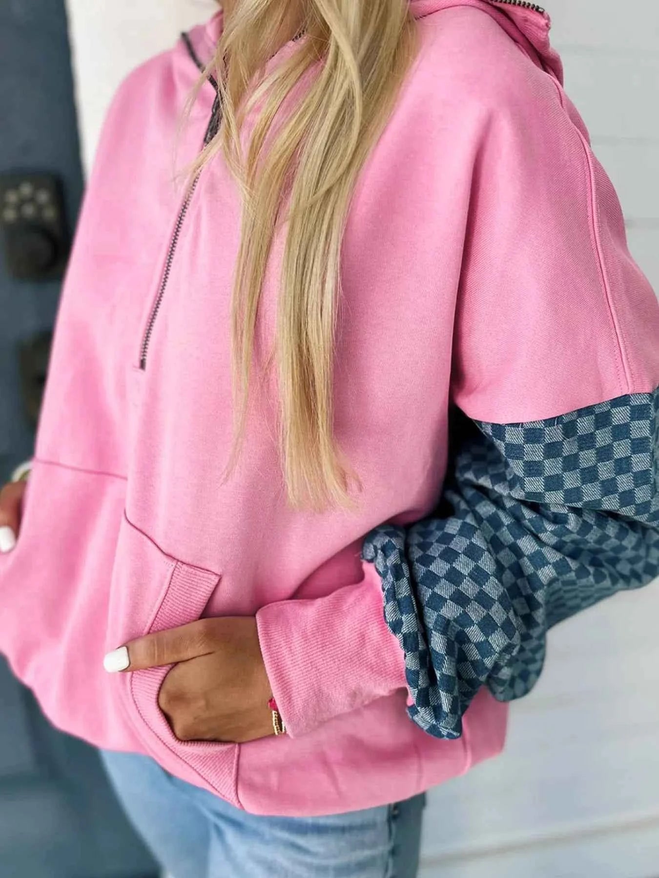 Half Zip Checkered Sleeve Hoodie 500de7b8-2a7a-485f-847d-1c2161ce65c0-Max-Origin