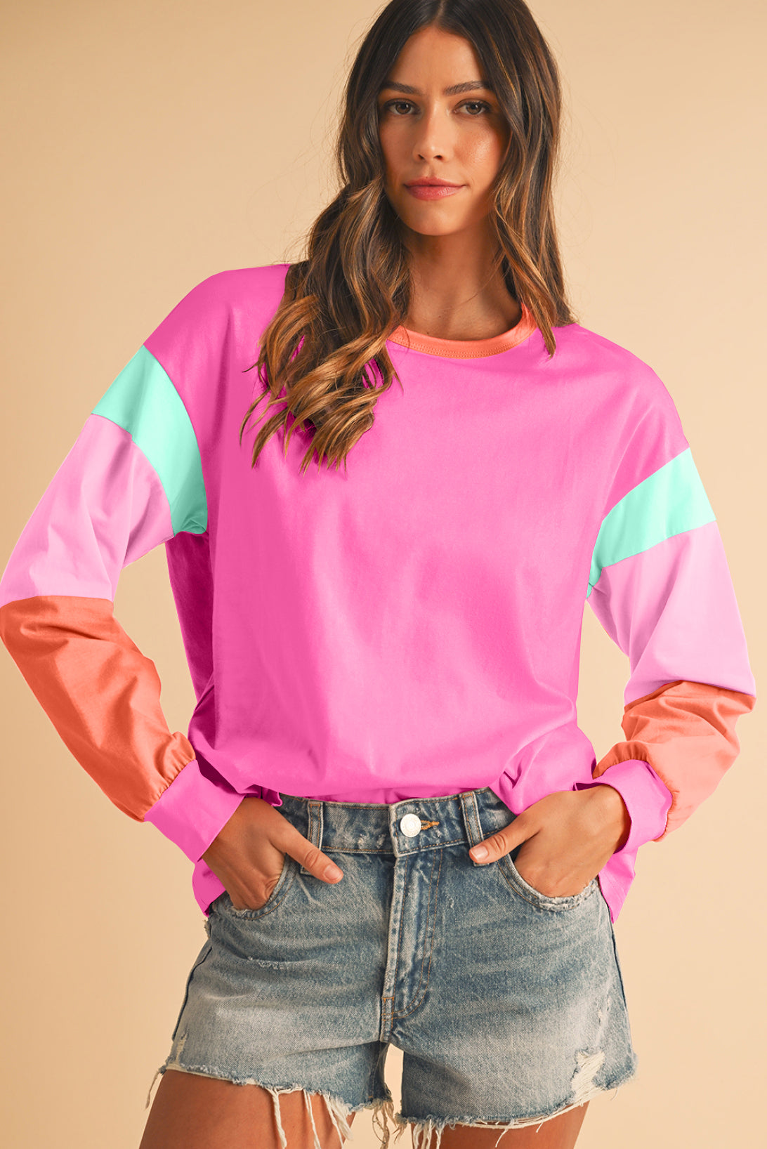 Green Color Block Sleeve Loose Fit Top 503aa05164949009
