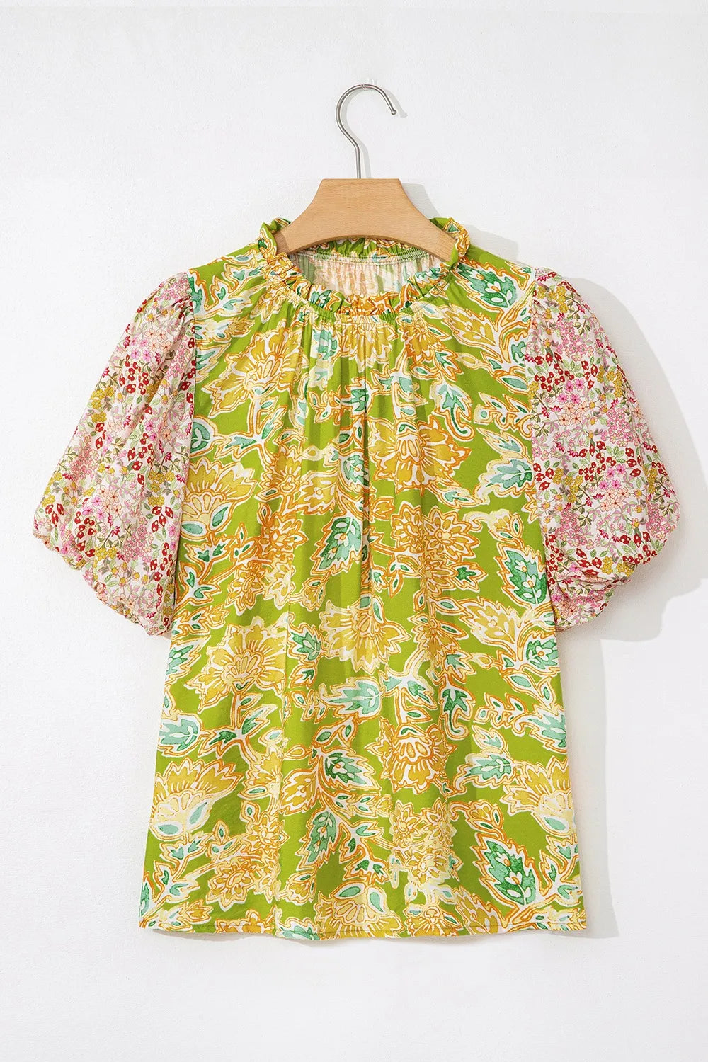 Multicolour Printed Contrast Bubble Sleeve Patchwork Blouse 503d8975-d7d9-430f-ba21-d2cd7b7607e8-Max-Origin