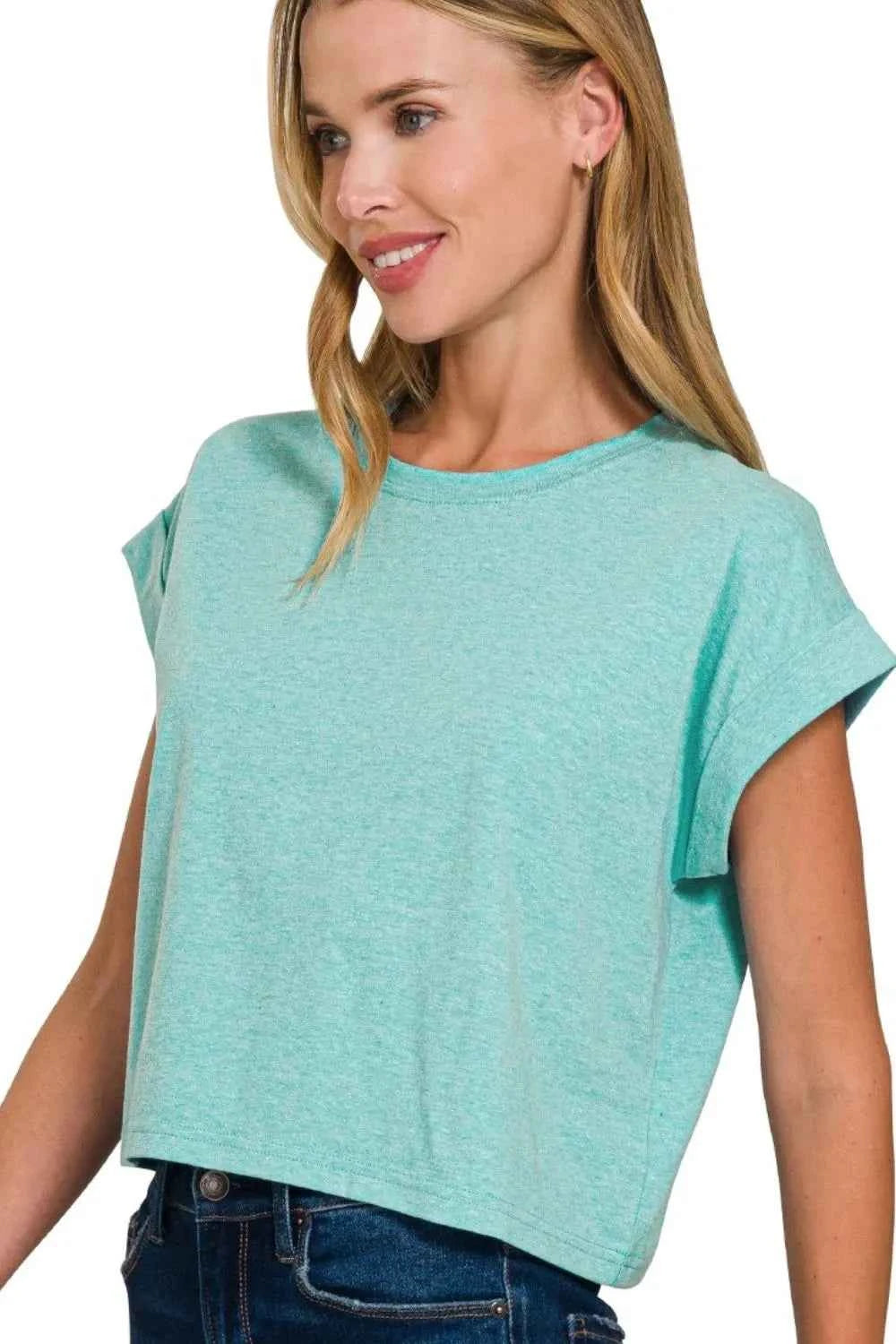 Zenana Rolled Sleeve Crop T-Shirt H TURQUOISE 503e7a38-6f26-4048-9435-8d1b17b65a6c-Max-Origin