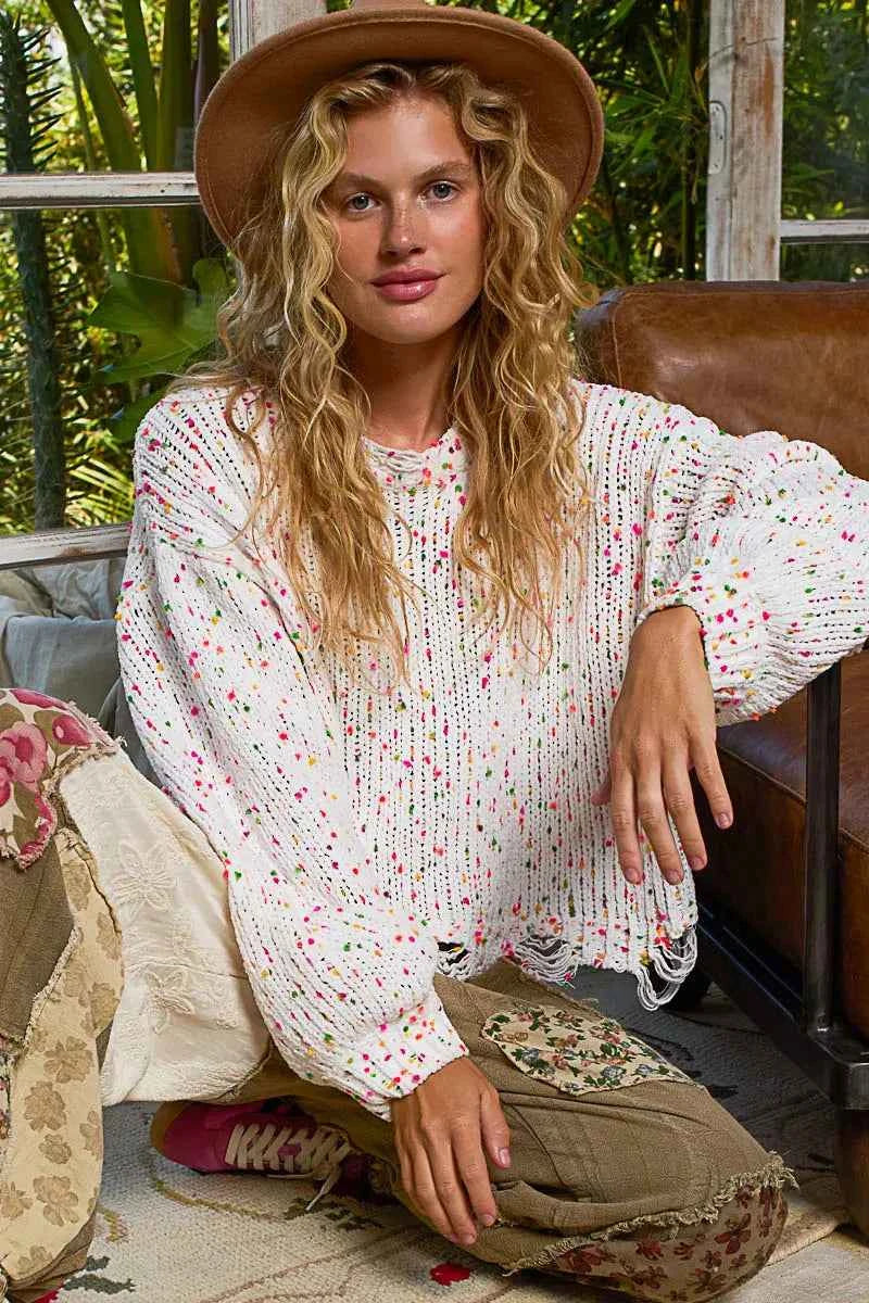 POL Round Neck Fringed Hem Sweater WHITE PINK 503ed24f-a796-40d3-bcb7-a8163b13daaf-Max-Origin