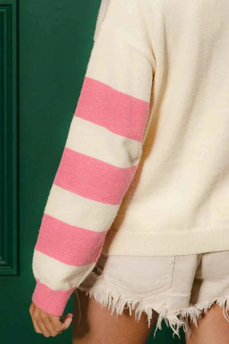 BiBi Colorful Floral Patched Sweater with Striped Sleeve 50452b6bcb924757a42fe288479aca33-Max-Origin