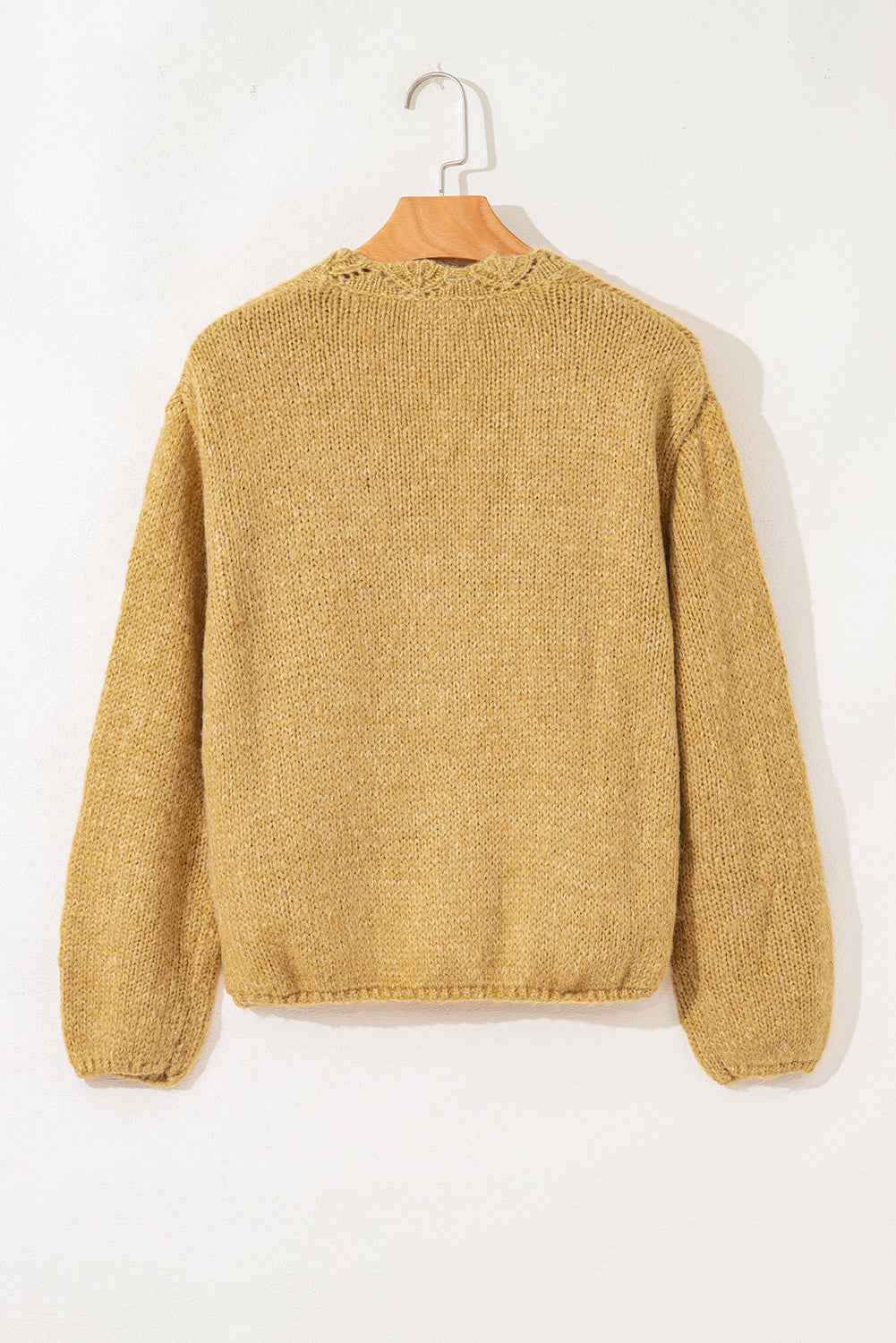 Light French Beige Lantern Sleeve Scallop V Neck Buttoned Front Cardigan 504a9bbafebdf573