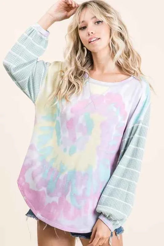 BiBi Tie Dye Terry Top with Wide Stripe Thermal Waffle 50673a0240d6437aac0511f324413bac-Max-Origin