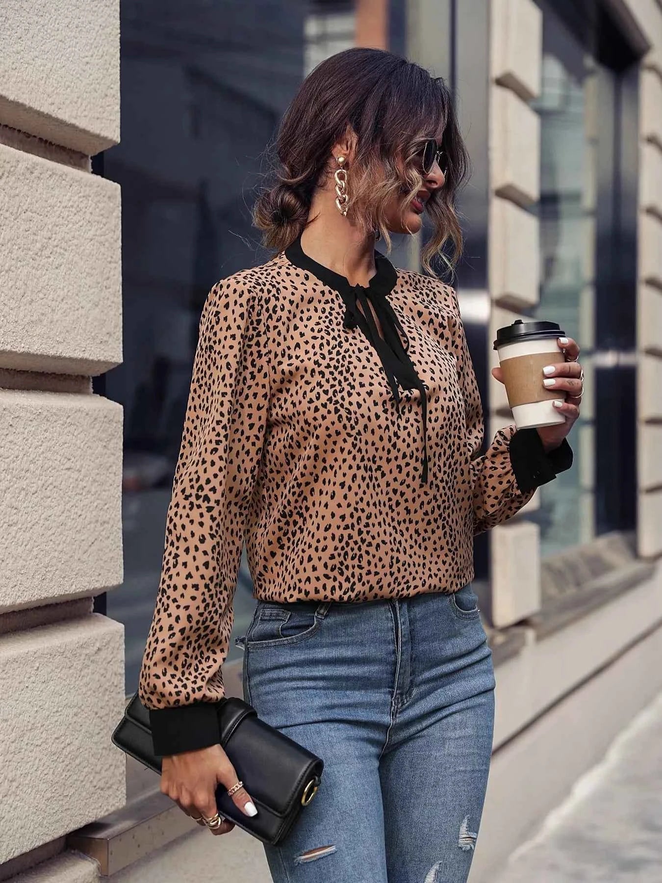 Animal Print Contrast Trim Tie Front Blouse 50700e94-987d-4270-8596-49e25ce43407-Max-Origin
