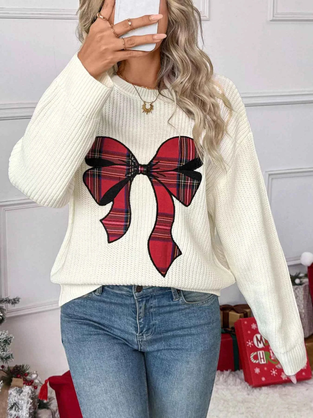 Christmas Bow Dropped Shoulder Sweater 5073b404-86c0-4959-a181-4c7f4cd823a9-Max-Origin
