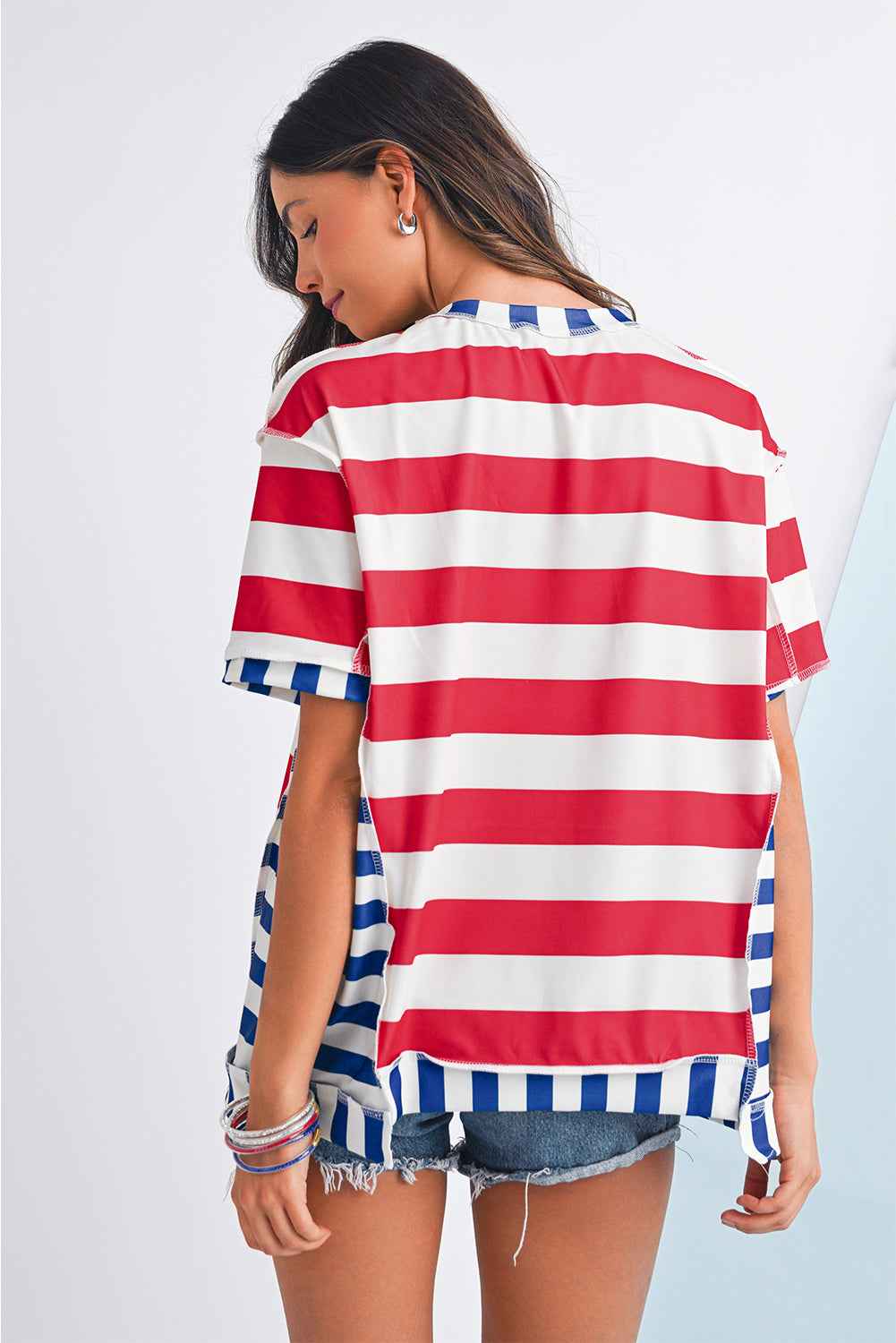 Red Stripe Loose Casual Color Block T Shirt 508269caf5a02cb5