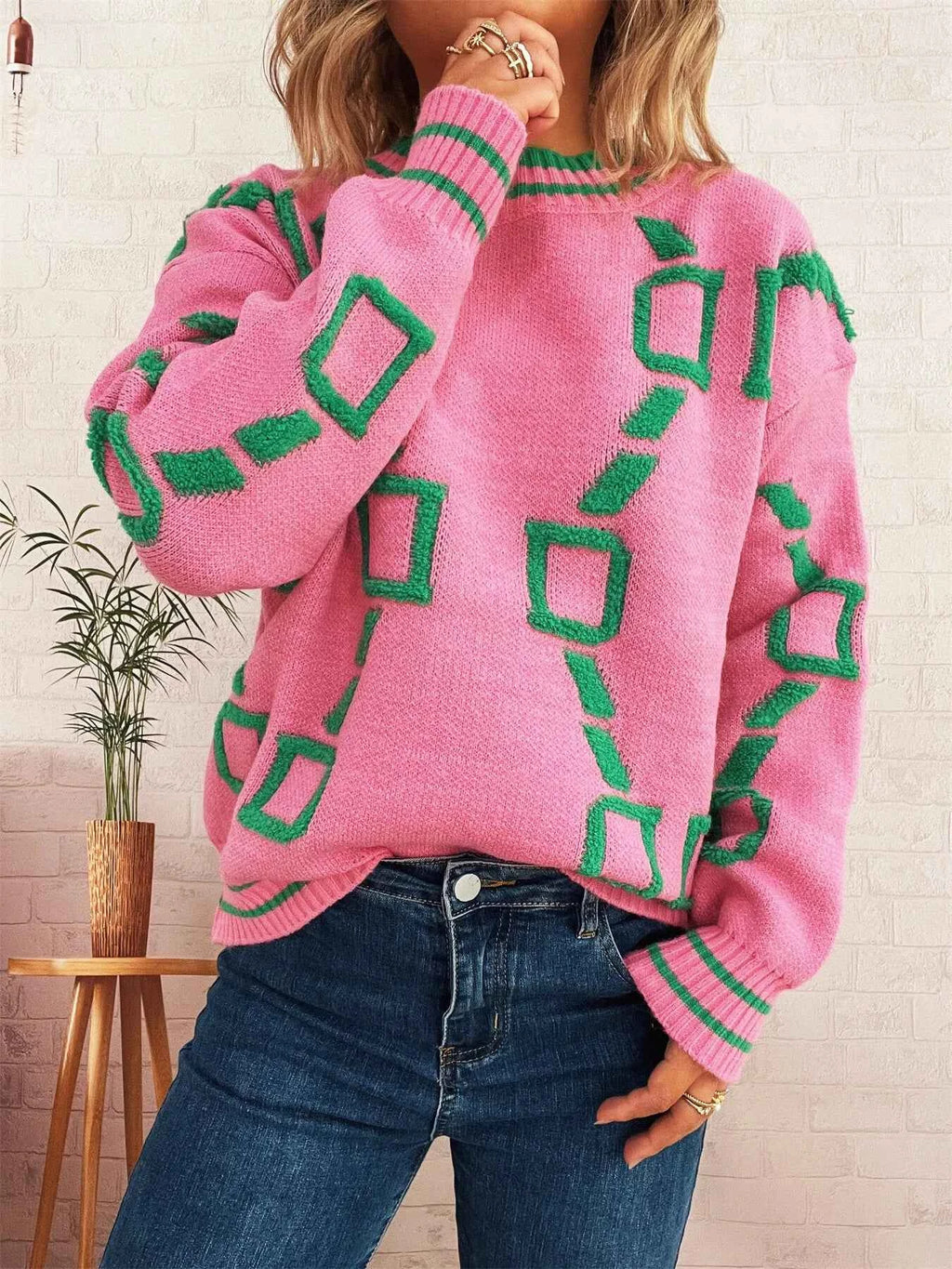 Contrast Round Neck Long Sleeve Sweater Pink One Size 50ad57f207974be38b037af4109429e2-Max-Origin