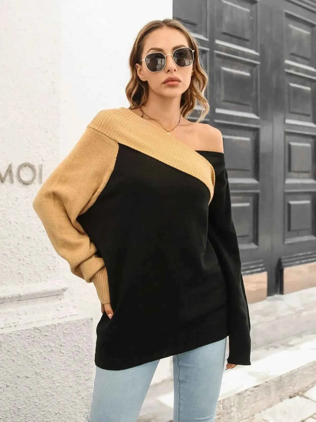 Asymmetrical Color Block Long Sleeve Sweater Black 50b0323a-7dbf-4540-8e5e-075769aef29f-Max-Origin