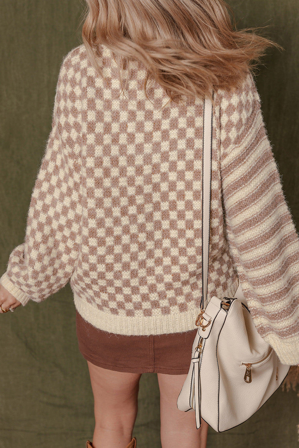 Khaki Stripe Checkerboard Drop Shoulder Balloon Sleeve Sweater 50ba591bf1e3c79d