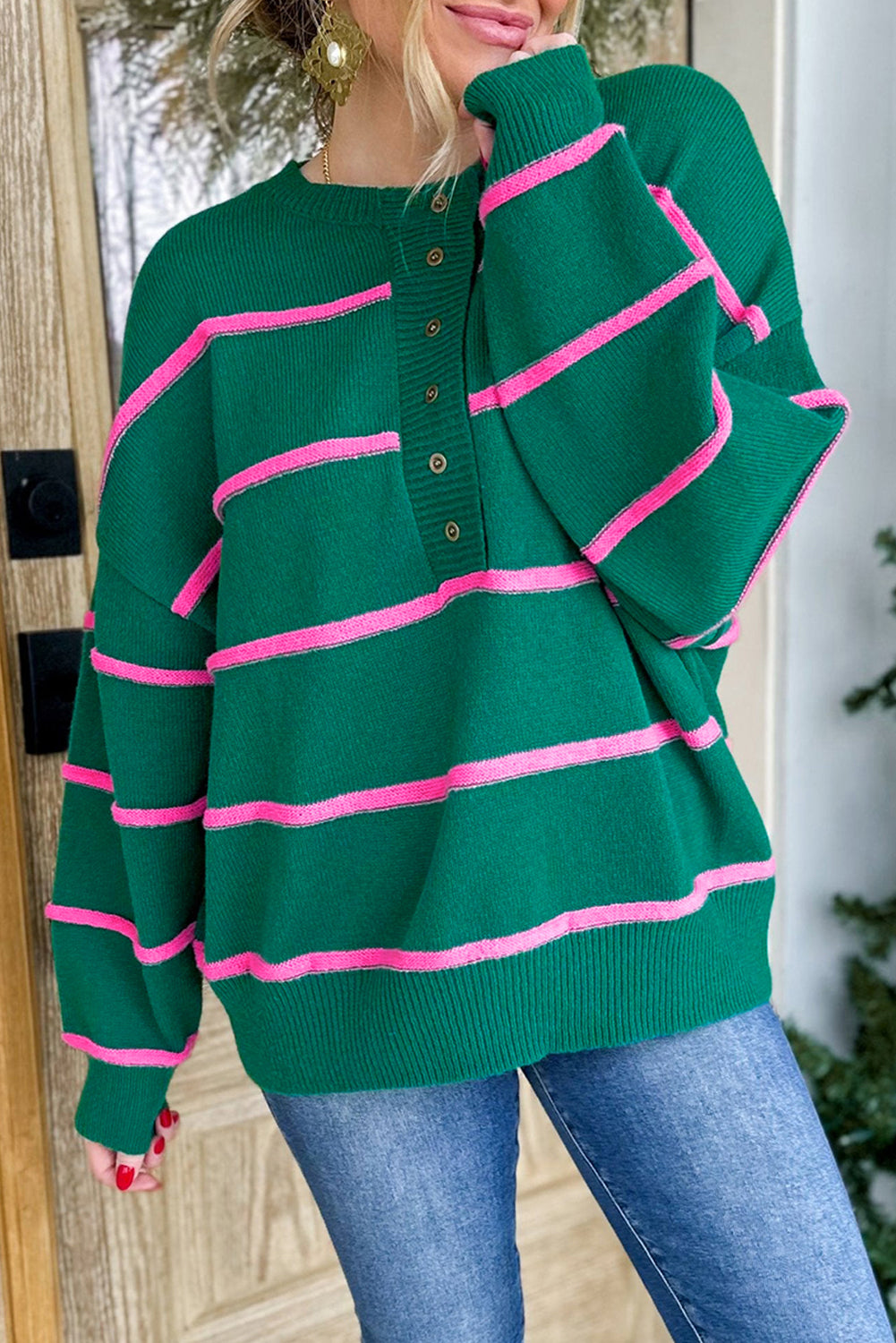 Green Striped Half Button Drop Shoulder Oversized Sweater 50cff7d48cfeecbf