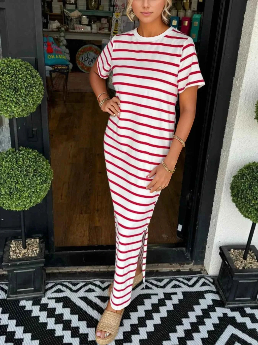 Plus Size Striped Maxi Dress with Side Slit - Full Size T-Shirt Style Red 50d13760-34ef-4737-85f6-d0629590cc73-Max-Origin