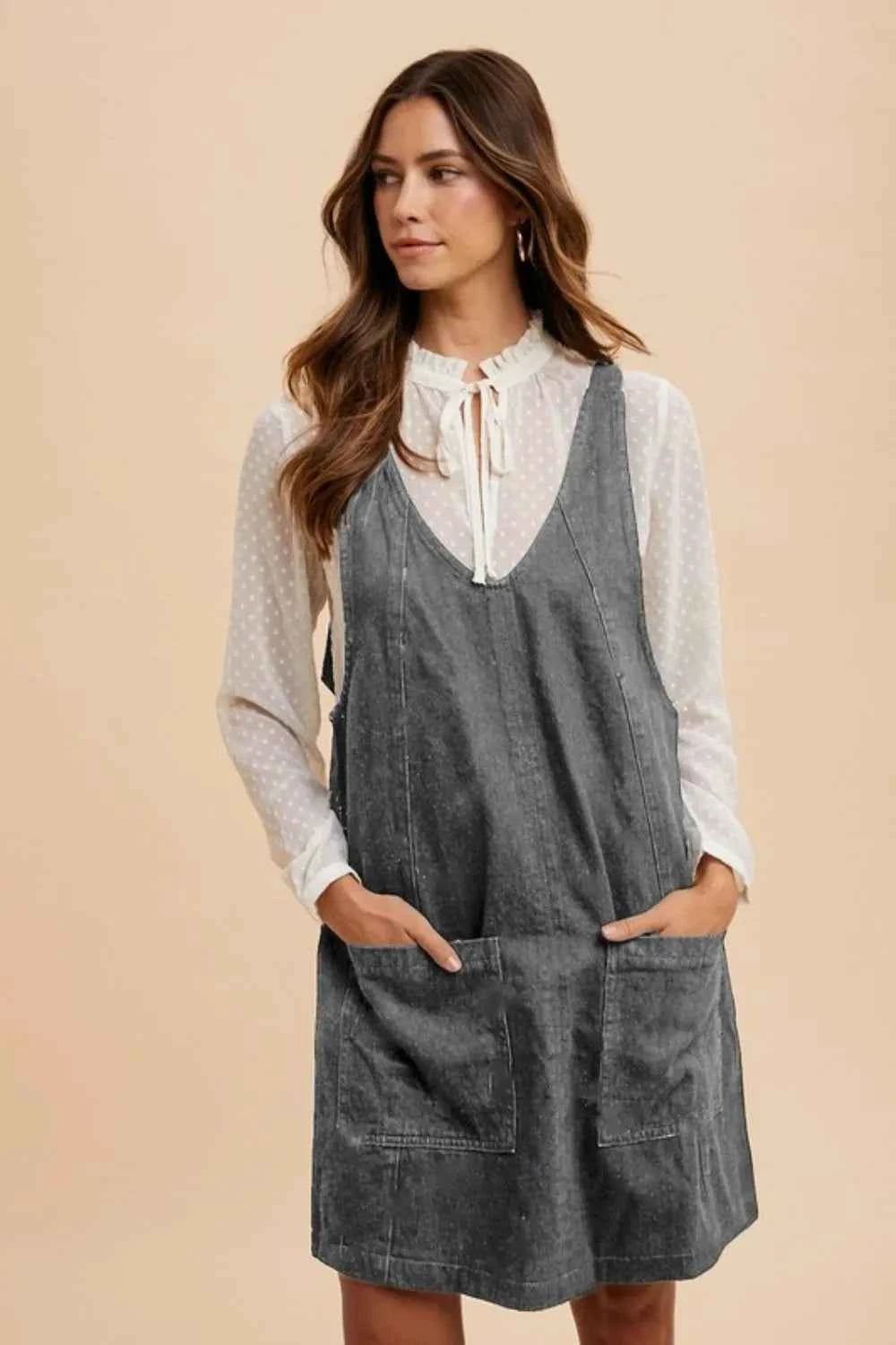 Annie Wear V-Neck Adjustable Strap Denim Overall Dress with Pockets Charcoal 510c9045-30d2-48f7-8646-c2f4d13a4dc2-Max