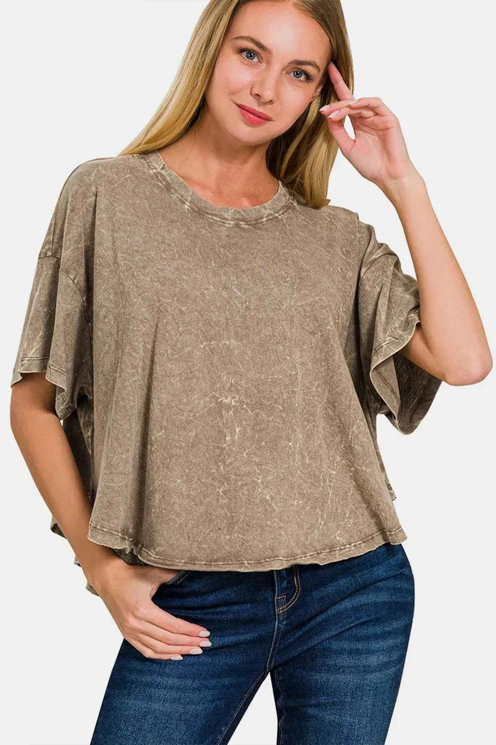 Zenana Washed Round Neck Drop Shoulder Cropped T-Shirt MOCHA 510d8295-9171-4dbb-9bc8-495347959e89-Max