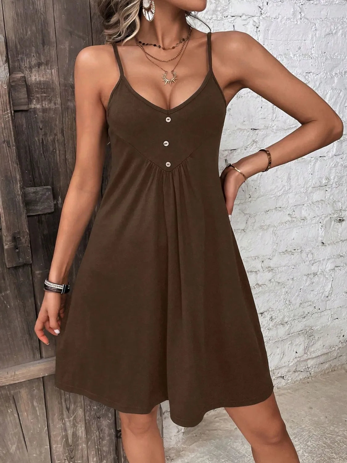 Decorative Button Scoop Neck Mini Cami Dress Brown 51114393-e2c8-4d28-800d-7f8155694f05-Max-Origin